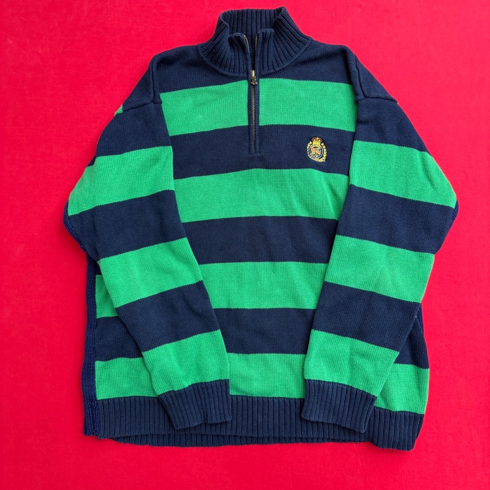 VTG 90's Ralph Lauren Striped Quarter Zip Sweater Navy Green Crest Logo Women L